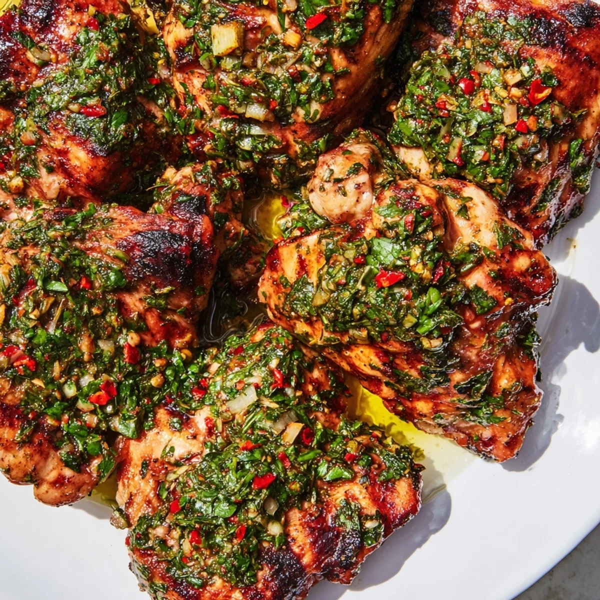 Savory grilled chimichurri chicken thighs with zesty Argentine sauce drizzled on top.