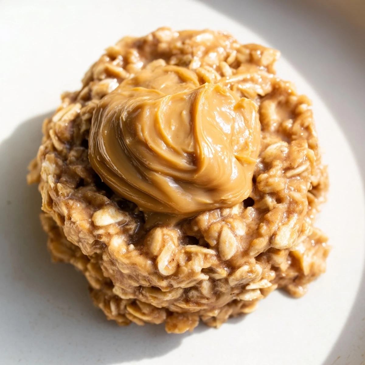 Stack of chewy Peanut Butter No Bake Cookies with rich oats on a plate.