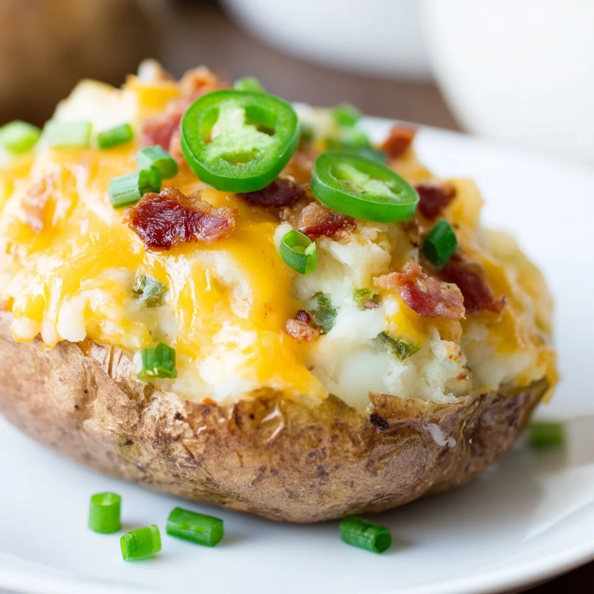 Golden and crispy jalapeno popper twice baked potatoes topped with melted cheddar cheese.  