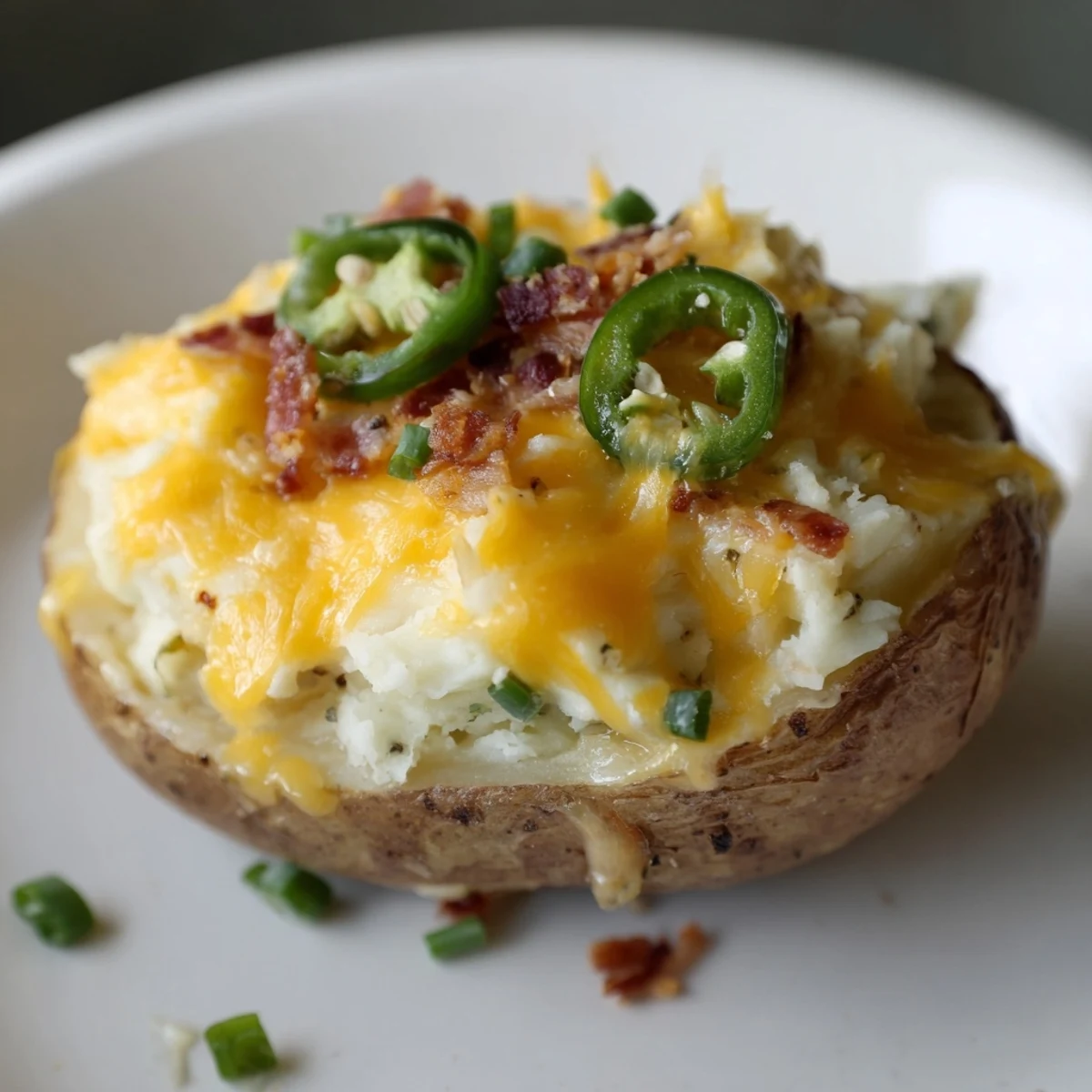 Creamy potato skins filled with spicy jalapenos and savory bacon bits on a white plate.  