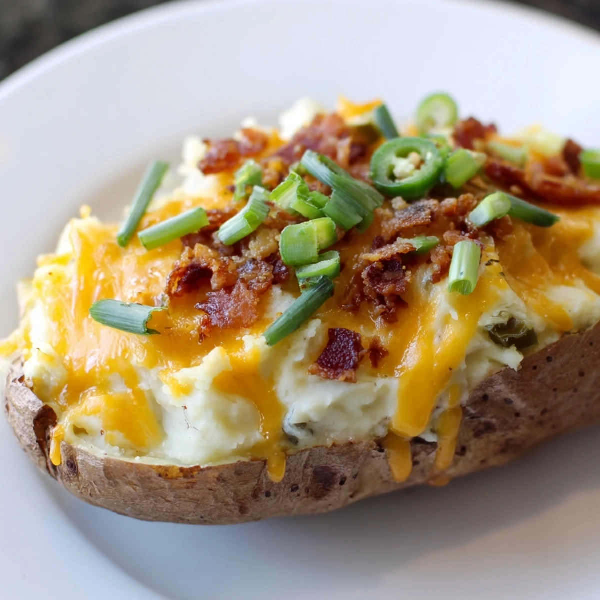Delicious twice baked potatoes stuffed with cheese and jalapenos, garnished with fresh green onions.