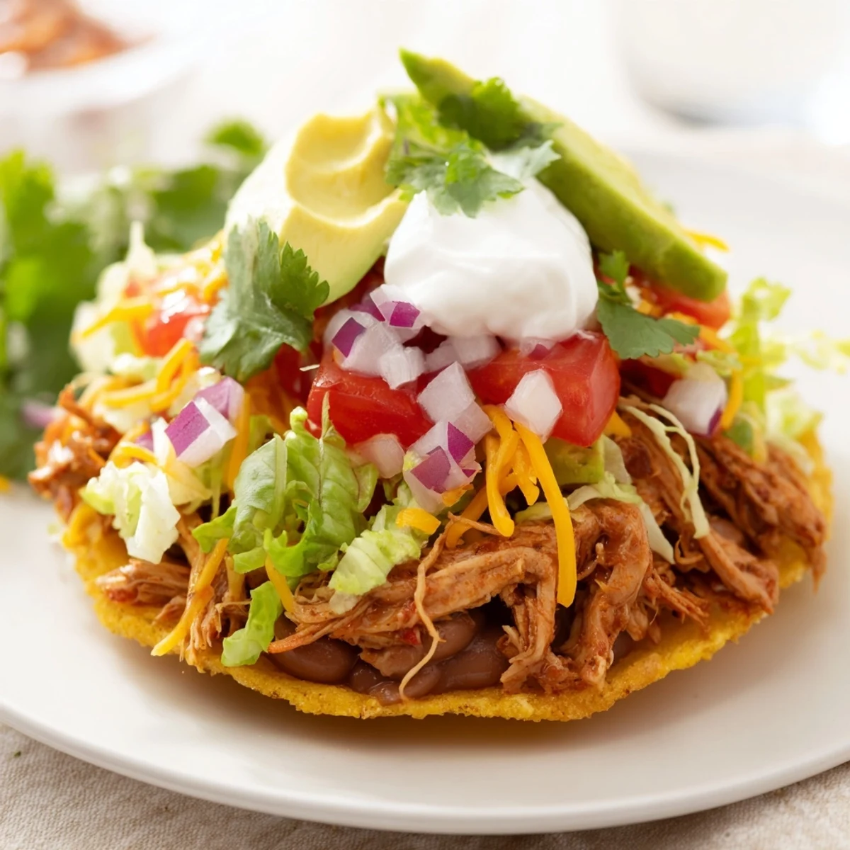 Golden crispy chicken tostadas loaded with fresh toppings and creamy cheese
