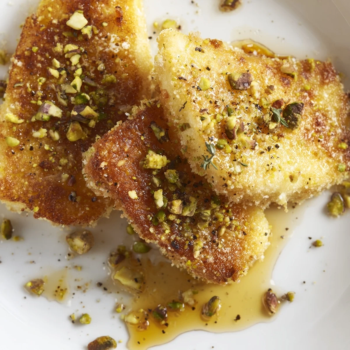 Crispy fried Honey Halloumi topped with fresh herbs and a dusting of black pepper.  