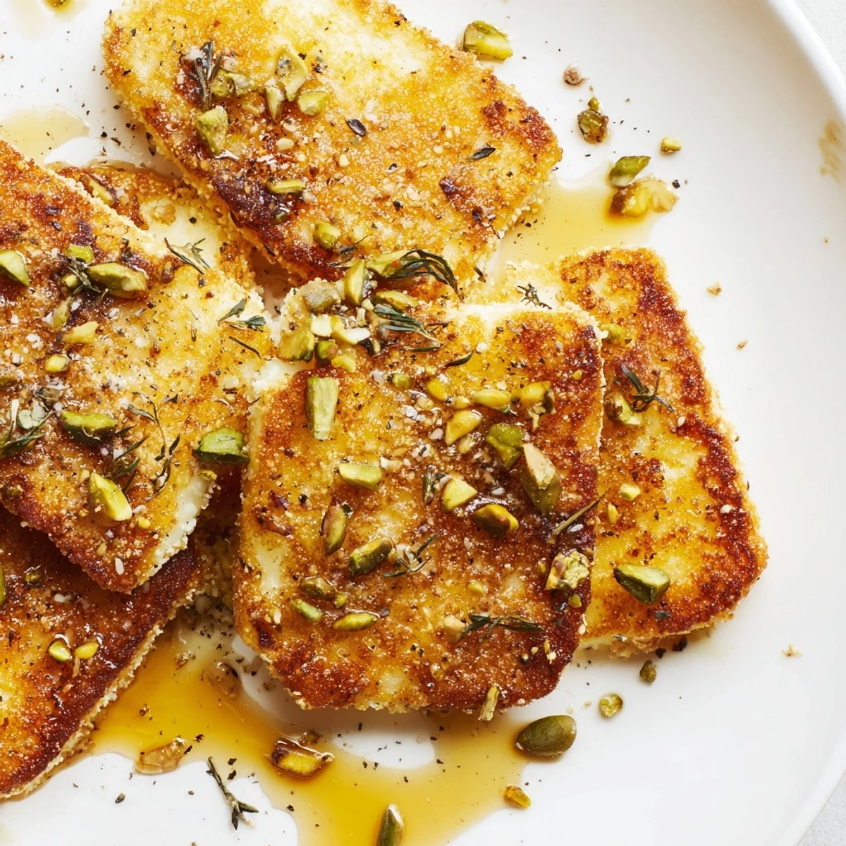 Savory Honey Halloumi appetizer served hot with a honey glaze and nutty crunch.