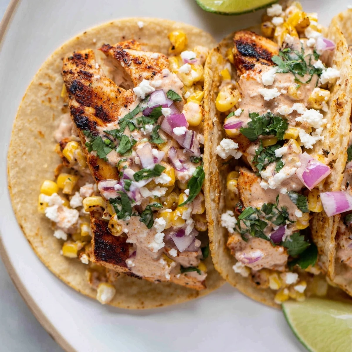 Vibrant Crazy Good Street Corn Chicken Tacos topped with zesty corn and cheese.  