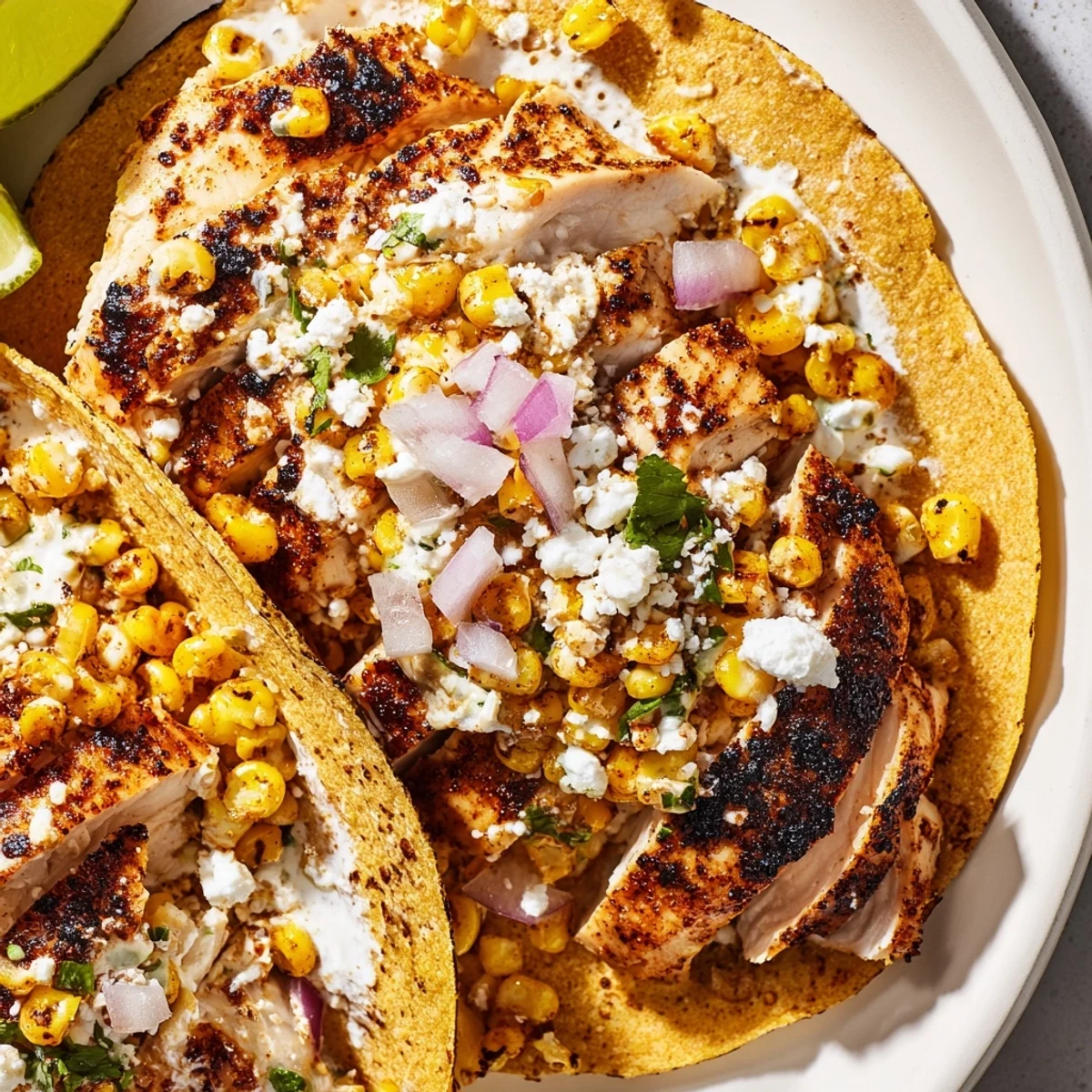 Juicy grilled chicken tacos served with creamy street corn and fresh cilantro.  