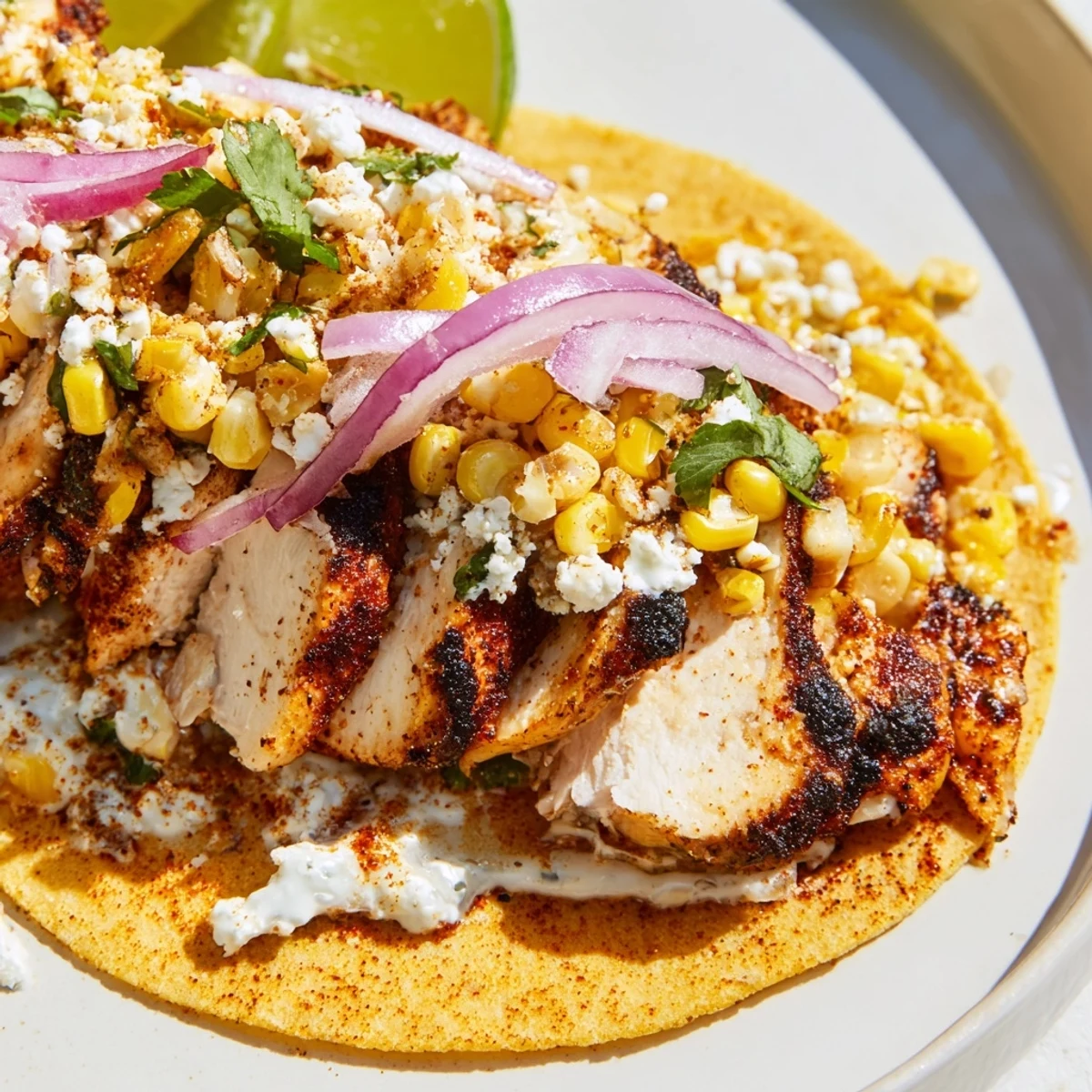 Golden corn and spicy chicken fill these delicious Street Corn Chicken Tacos.
