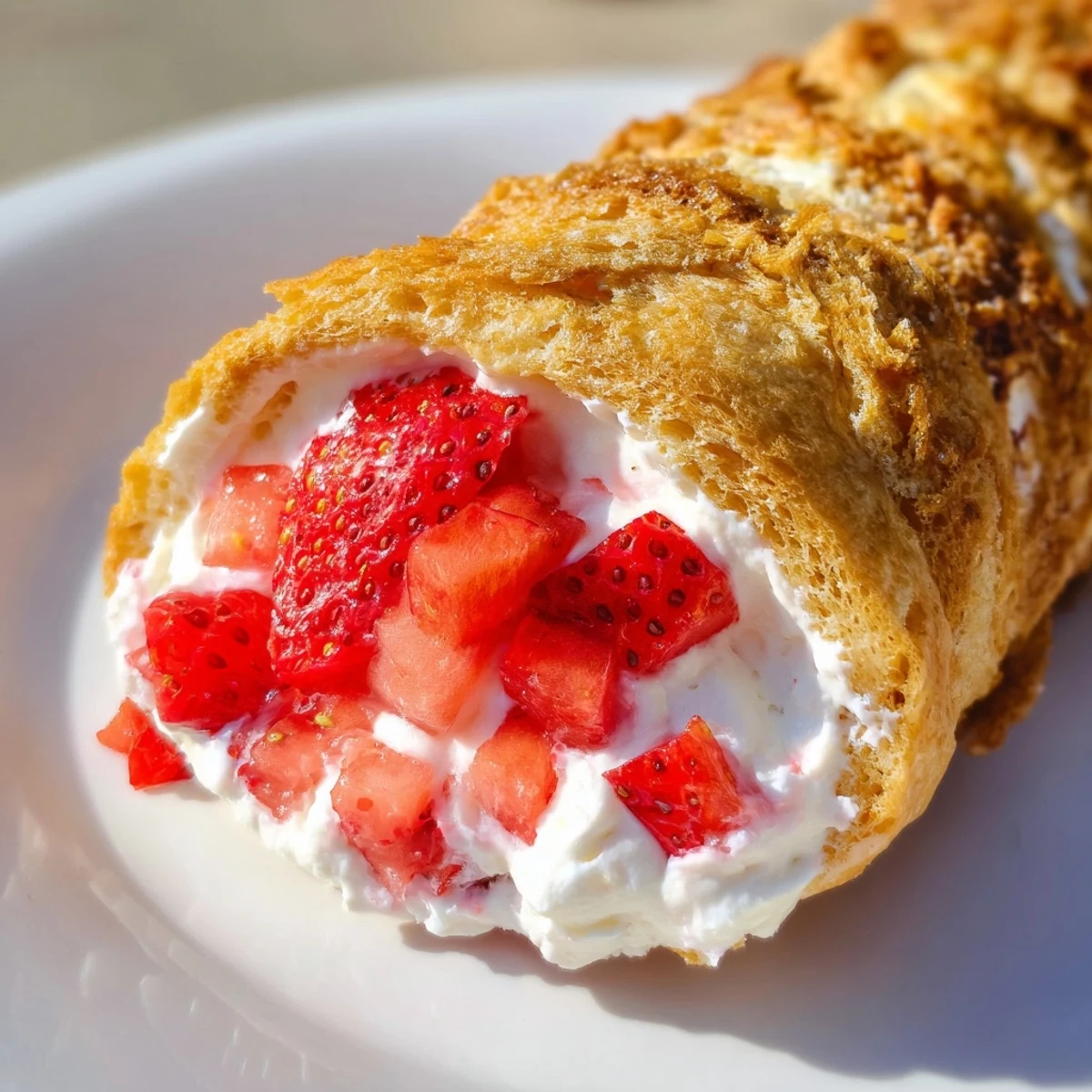 Golden toasted strawberry cream cheese roll ups coated in cinnamon sugar for dessert  