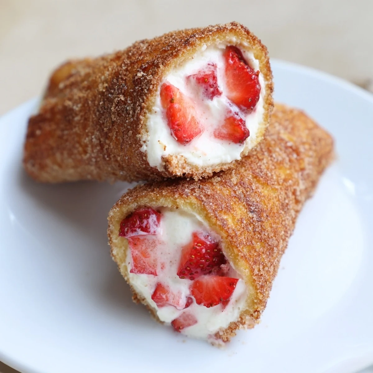 Warm strawberry cream cheese roll ups sprinkled with cinnamon sugar served on a plate