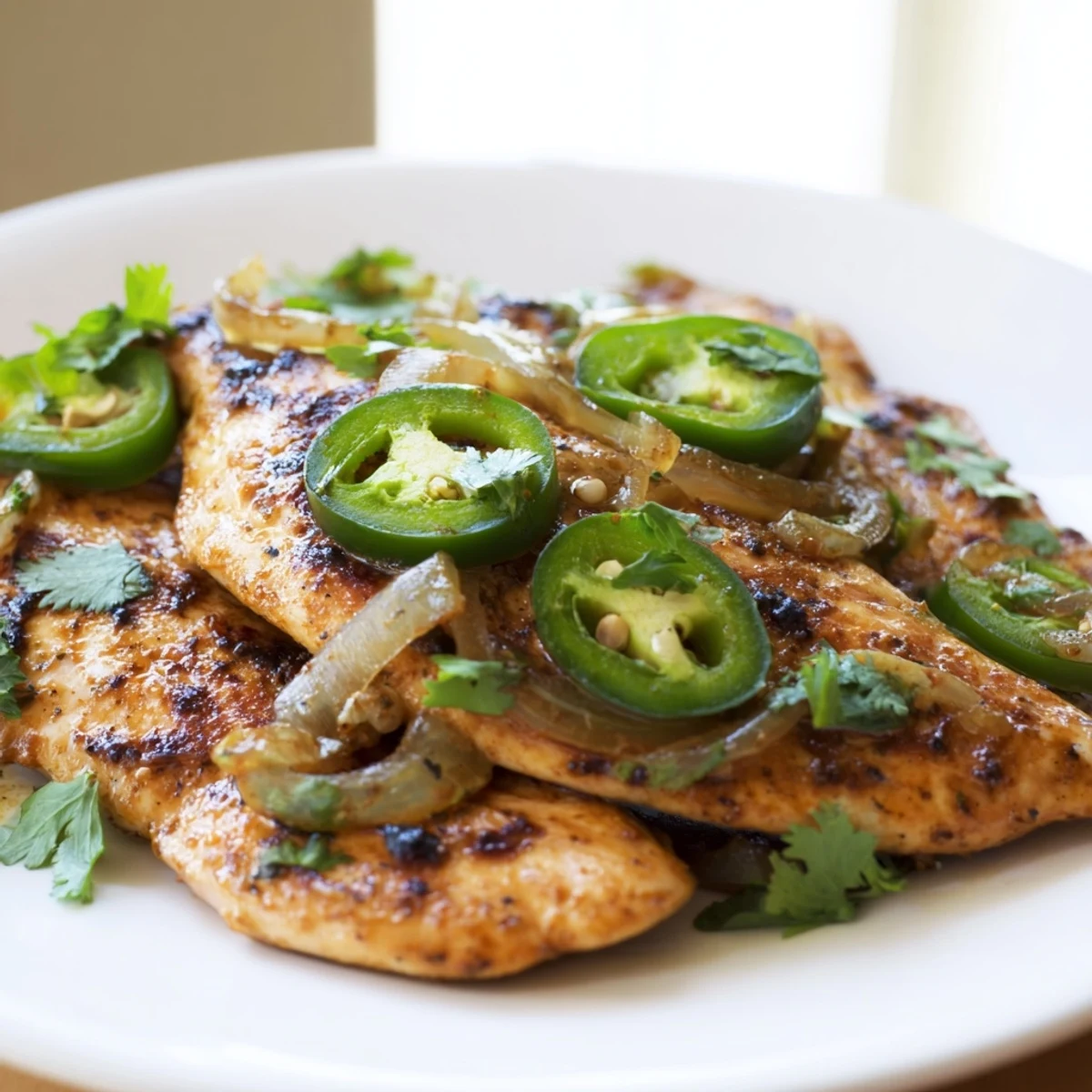 Golden Spicy Jalapeno Chicken served with sliced jalapeños and fresh cilantro garnish  