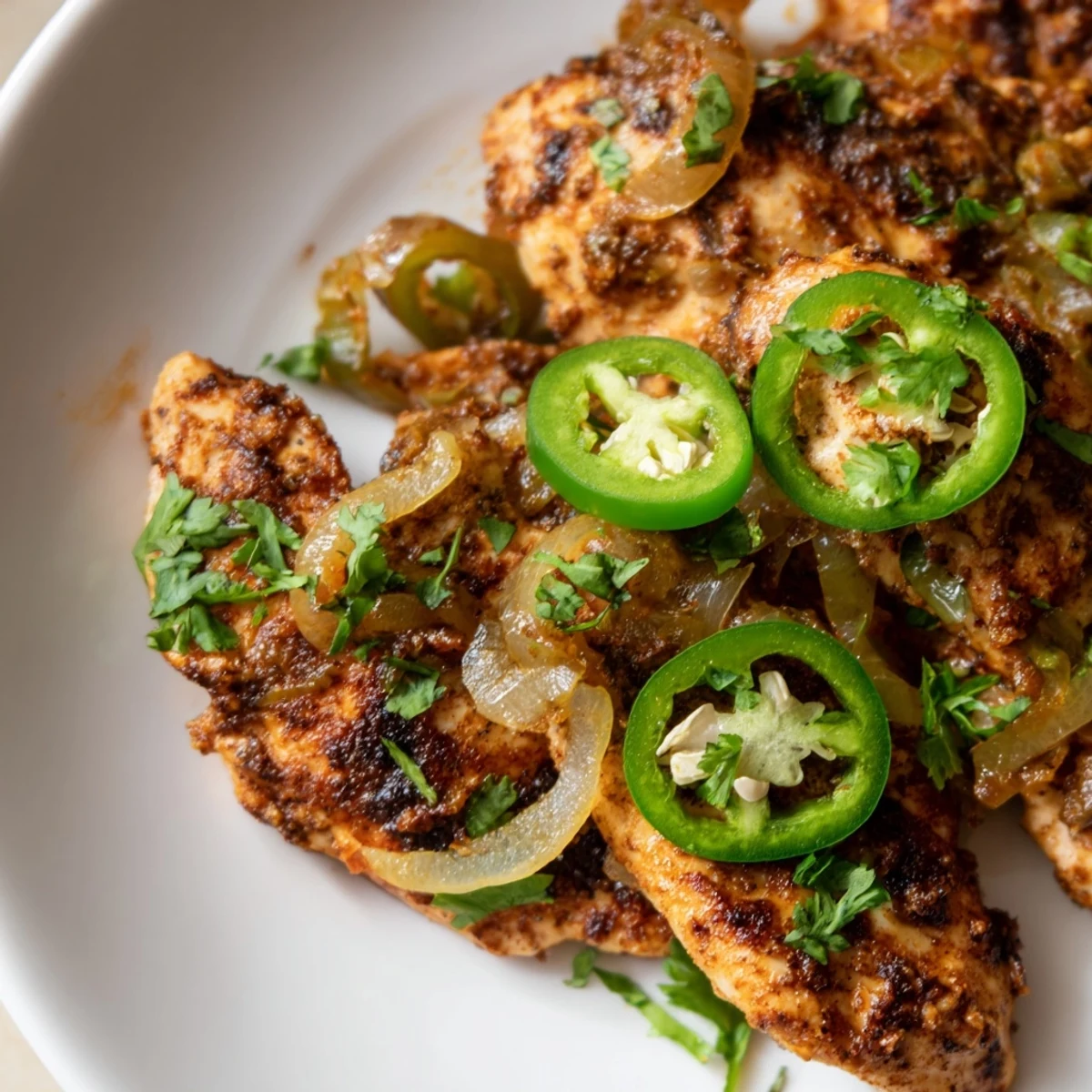 Sizzling Spicy Jalapeno Chicken resting in a skillet with lime wedges ready