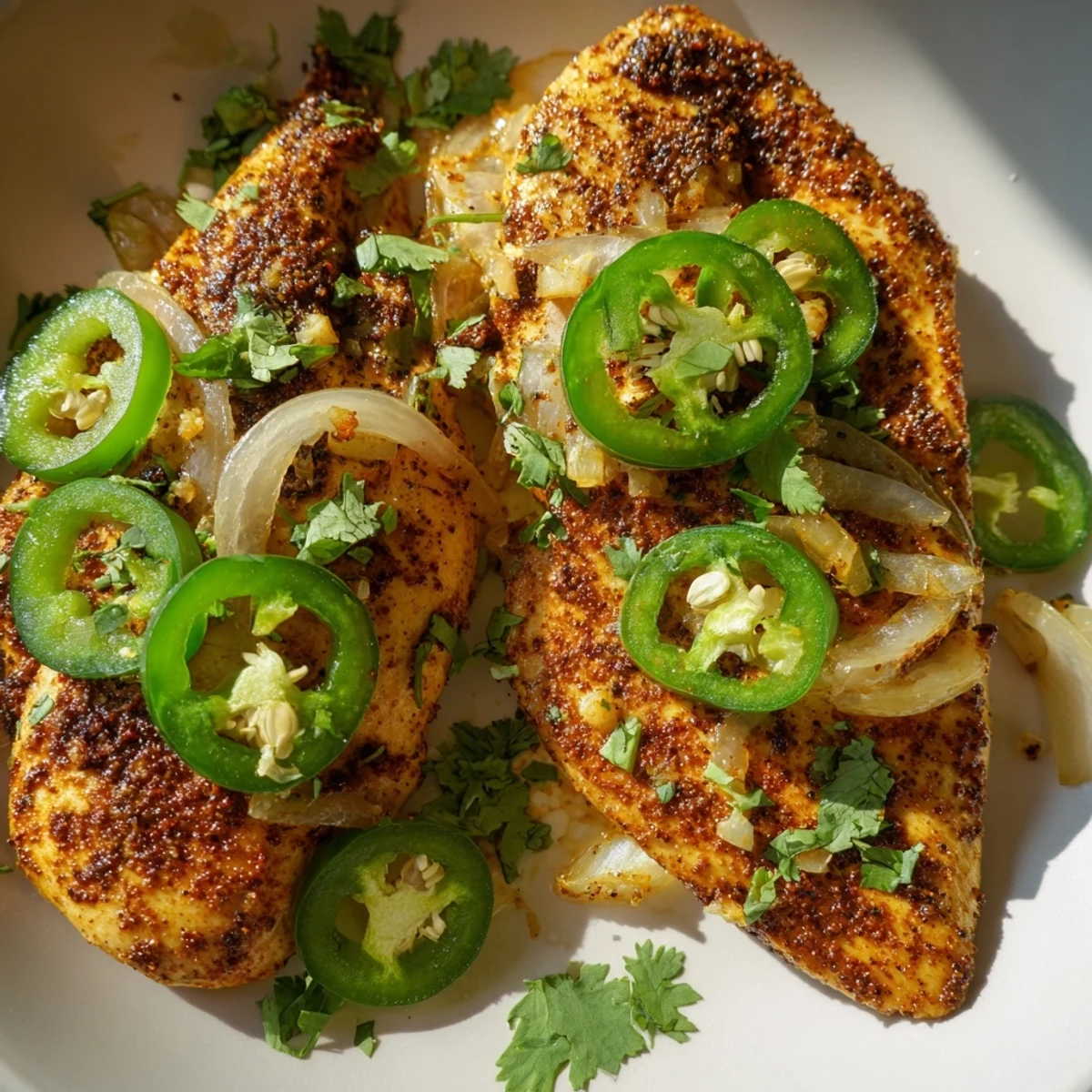 Juicy Spicy Jalapeno Chicken baked with tender onions and vibrant green peppers  