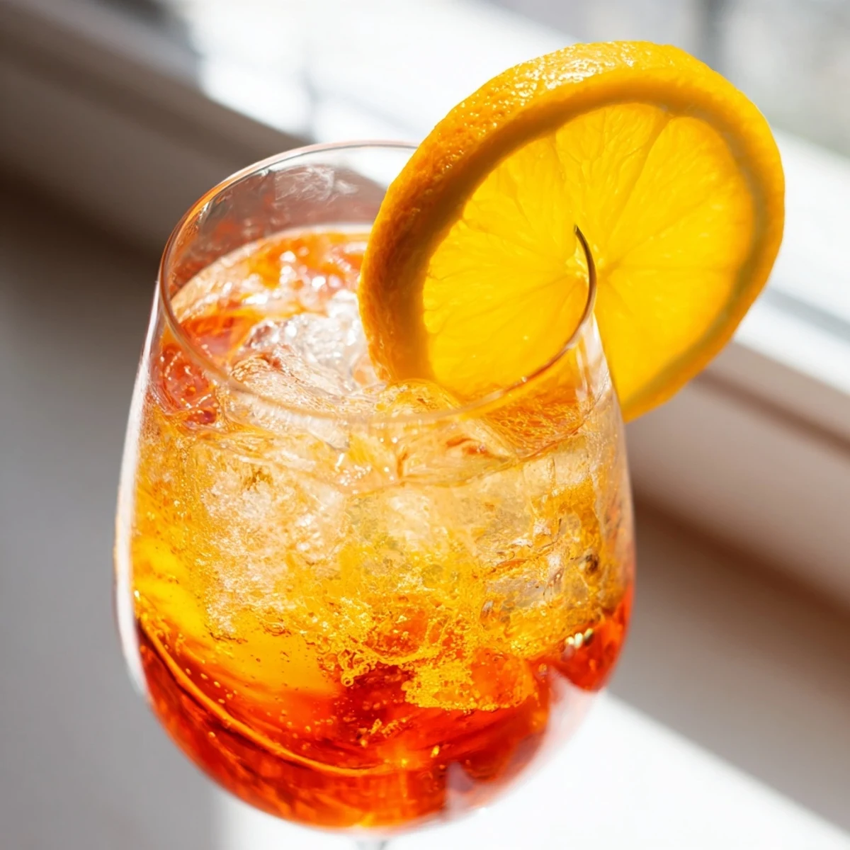 Vibrant orange Spritz cocktail garnished with a fresh orange slice.  