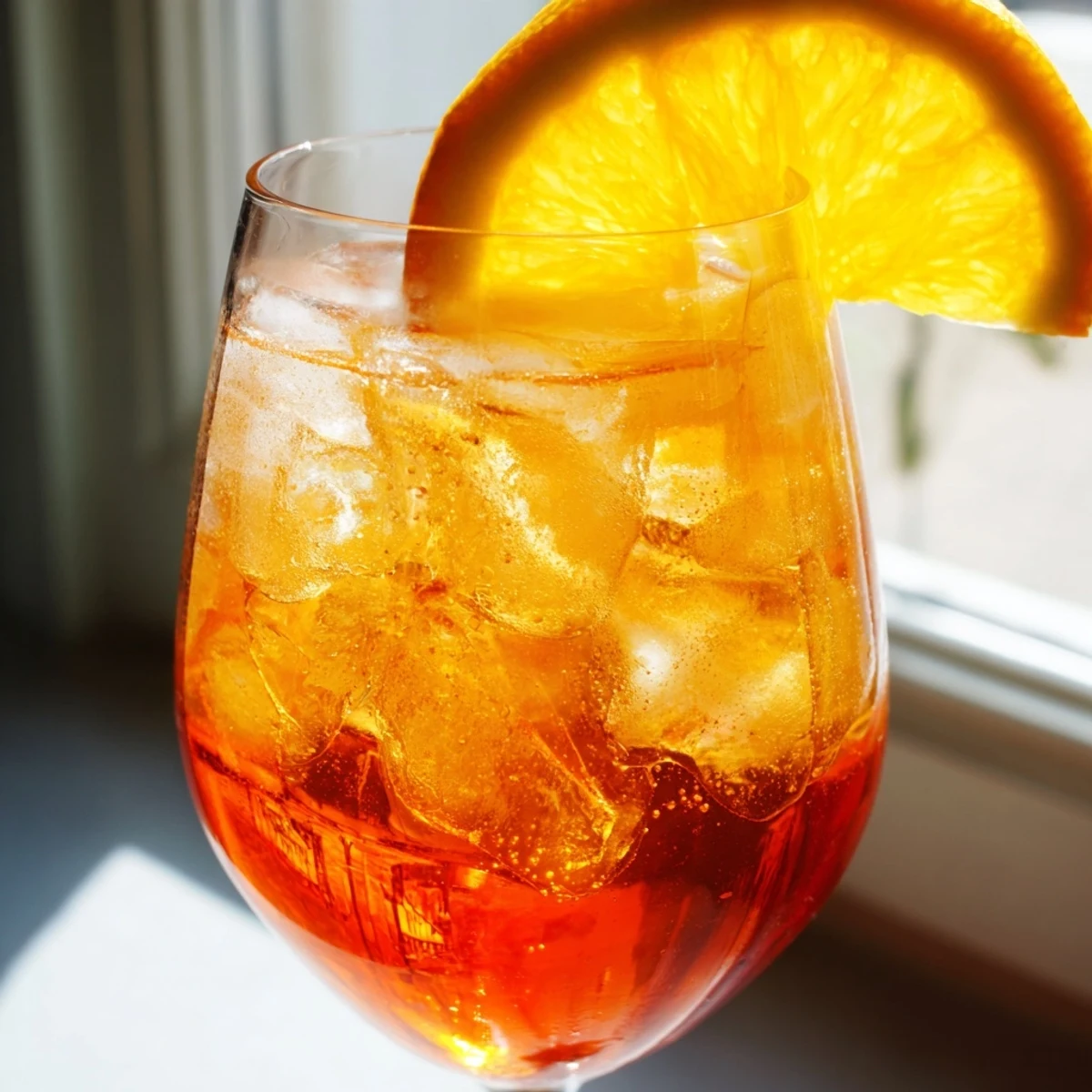 Refreshing Italian Spritz with ice and a bright orange garnish.