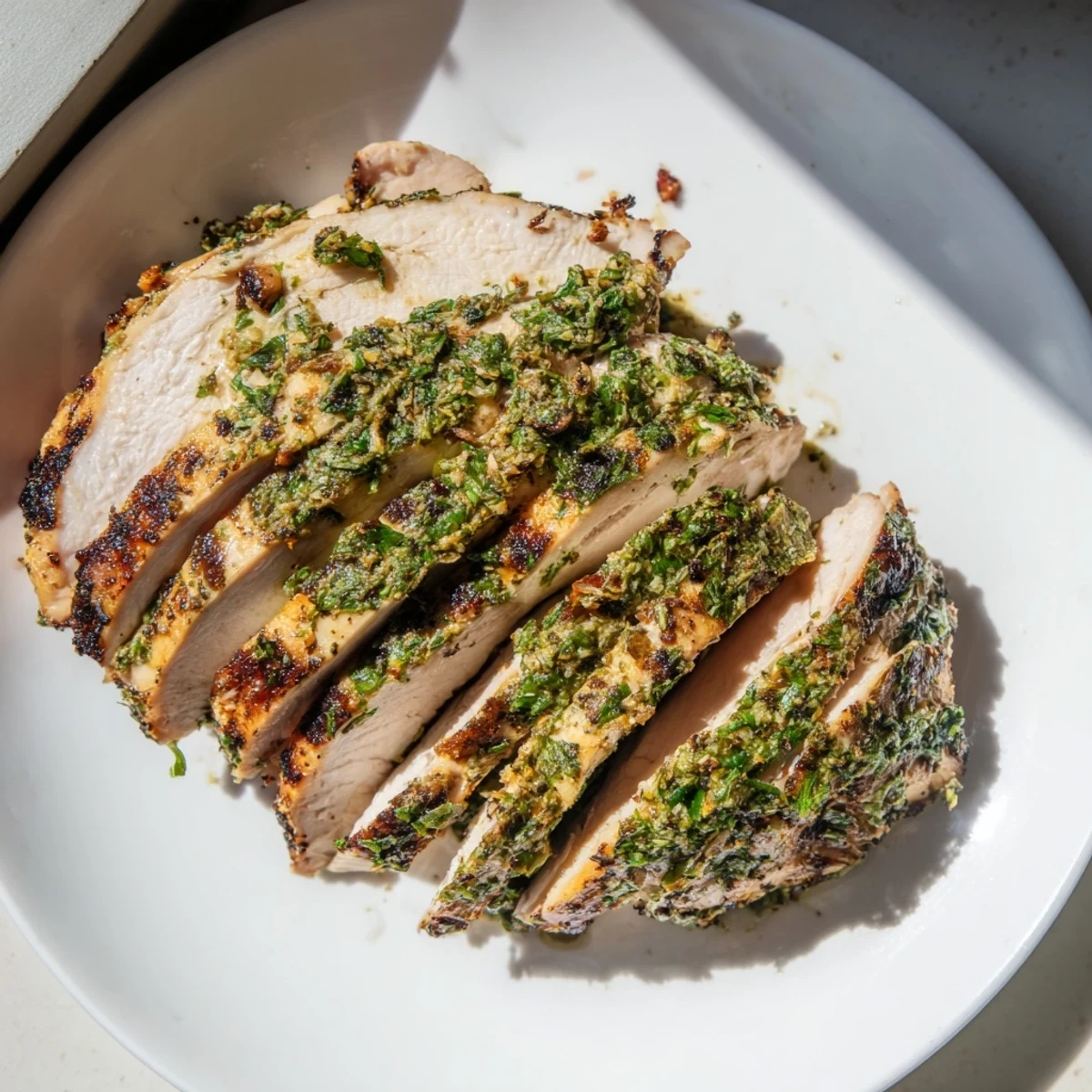 Juicy sliced Cilantro Lime Chicken on a plate with lime and spices