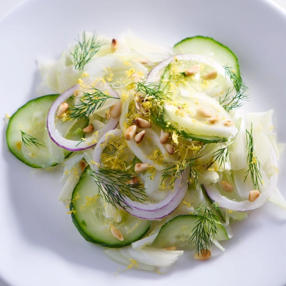 A crisp fennel cucumber salad topped with fresh dill and zesty dressing.  