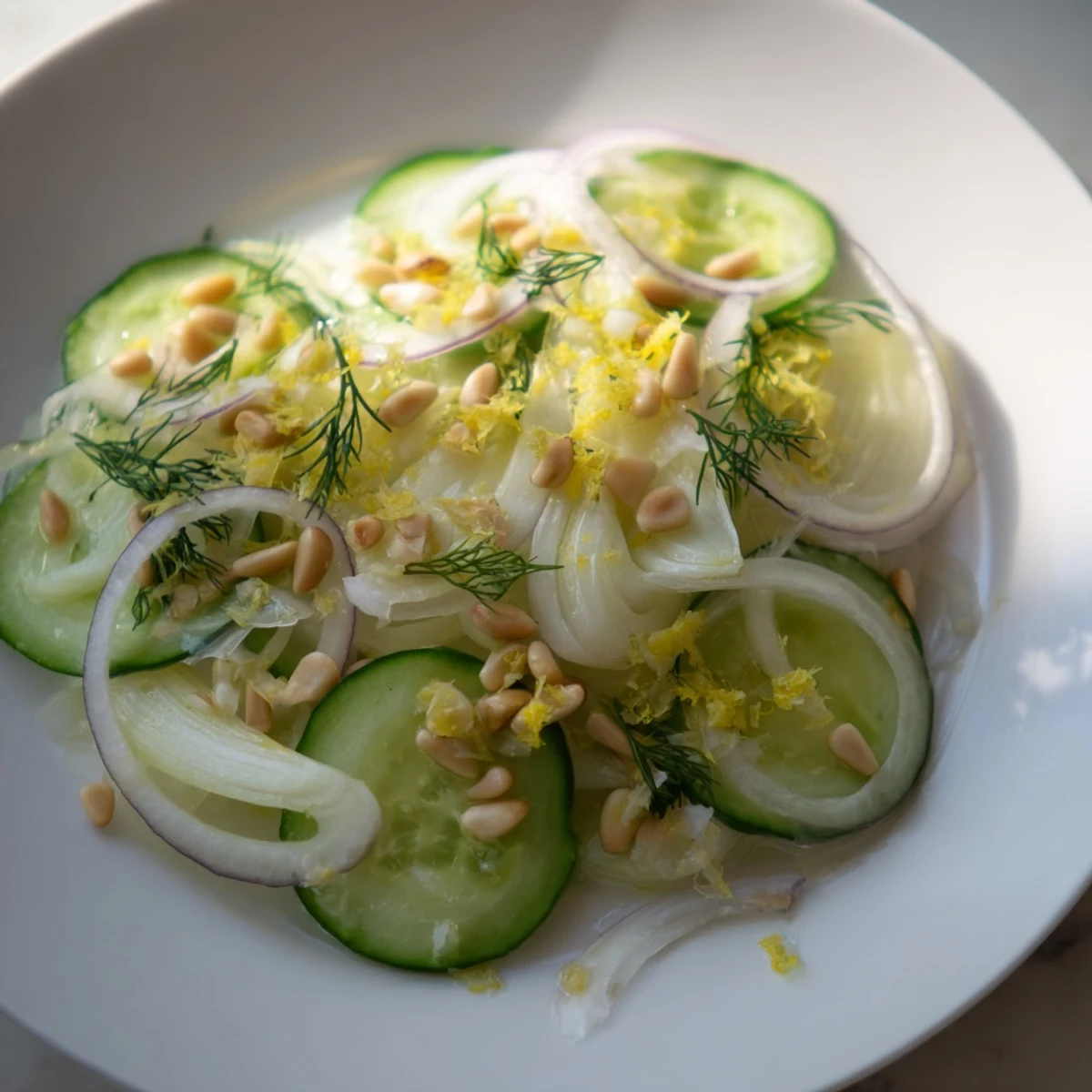 Thinly sliced fennel and cucumber tossed in a light citrus vinaigrette.  