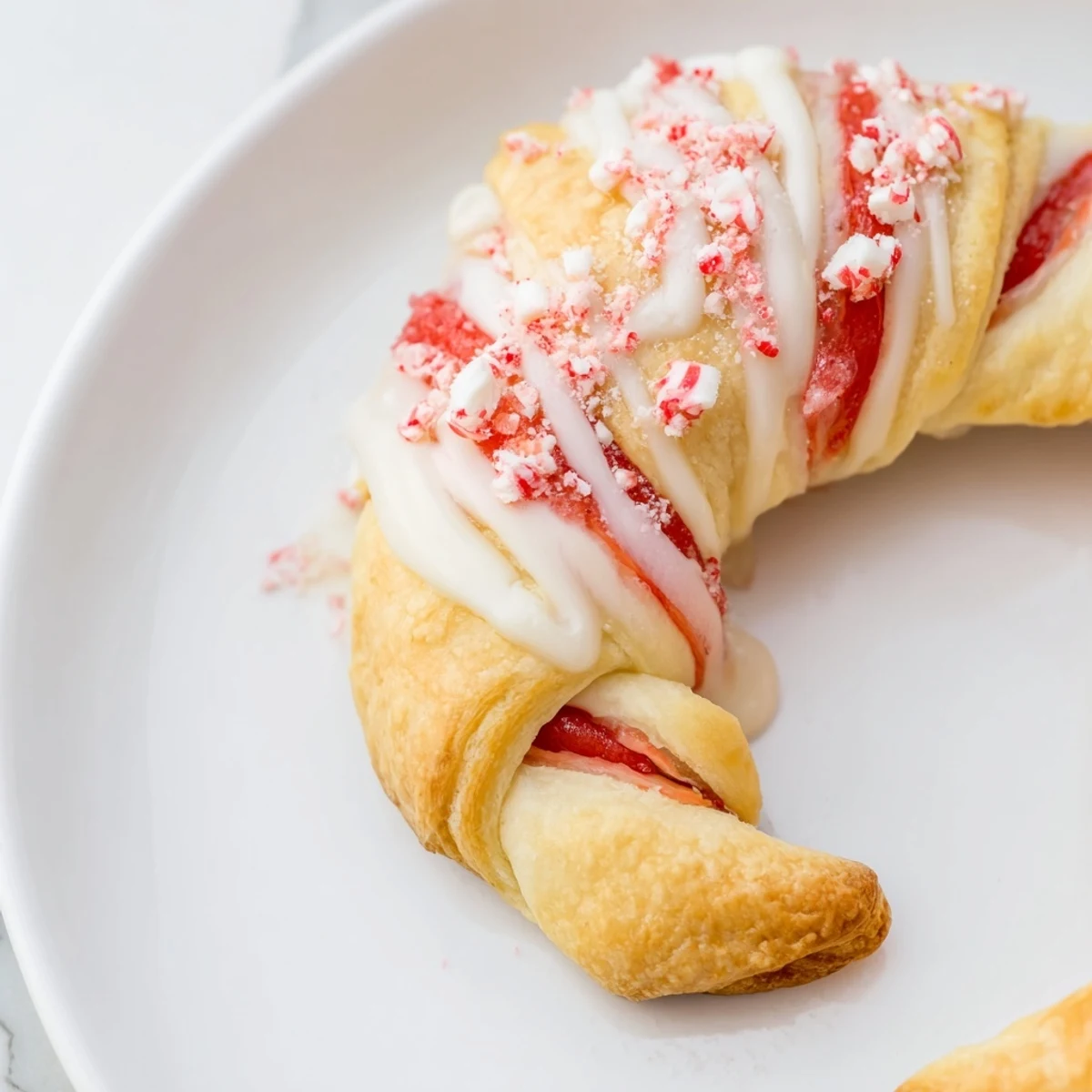 Festive candy cane crescent pastry drizzled with icing and sprinkled with peppermint  