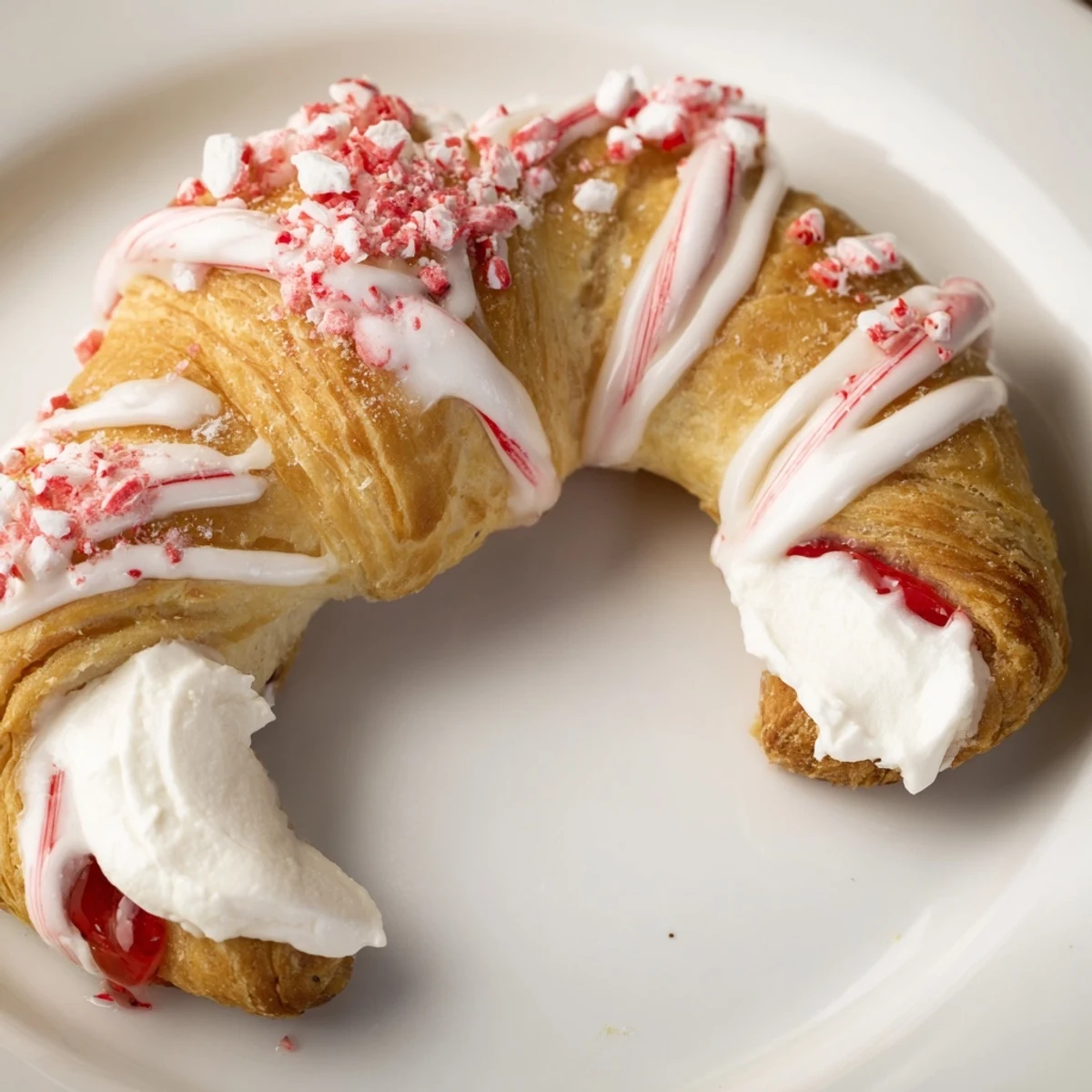 Golden candy cane crescent filled with sweet cream cheese and strawberry preserves  