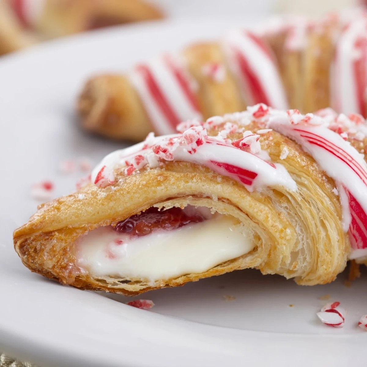 Warm holiday breakfast of candy cane crescent topped with crushed candy pieces