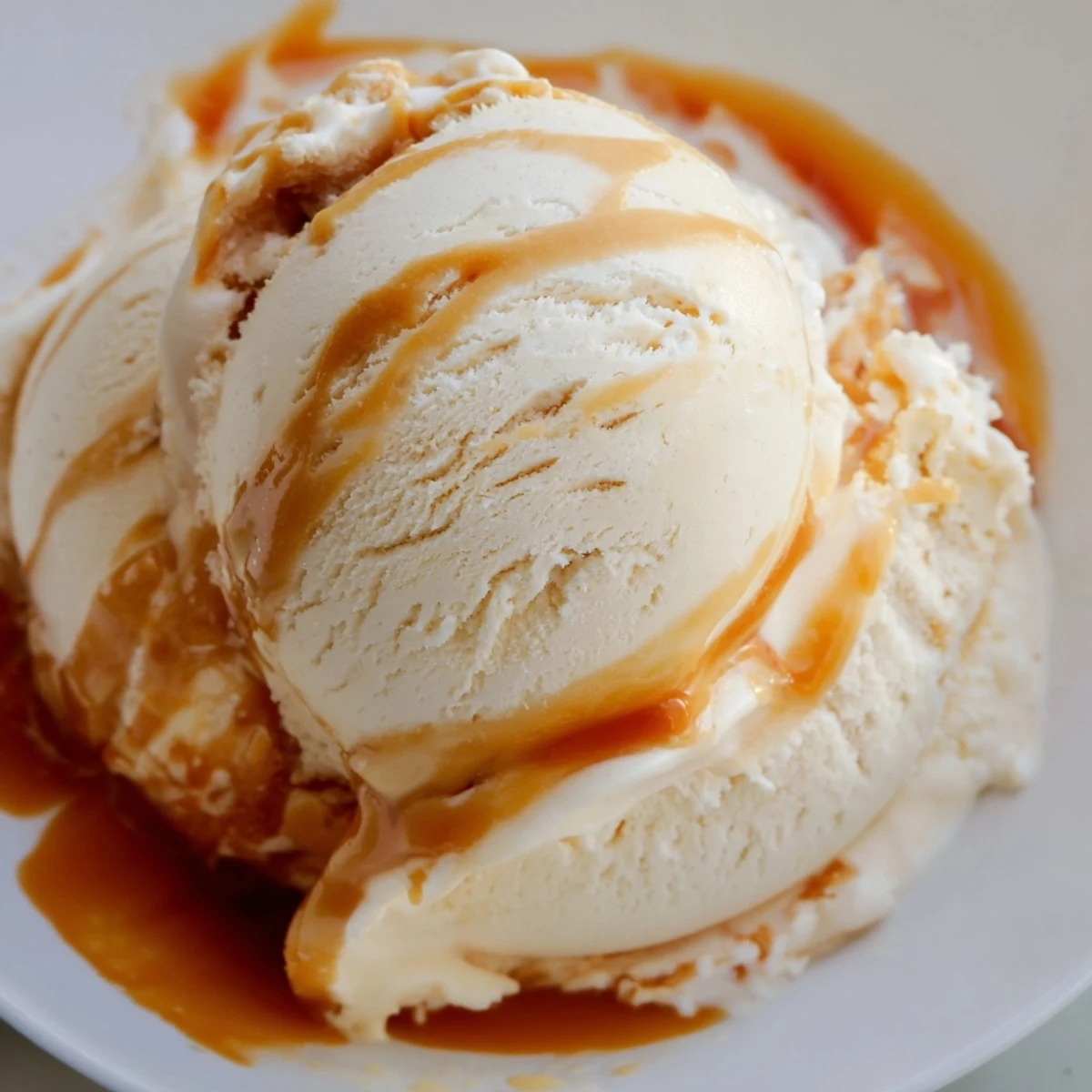 Creamy no churn salted caramel ice cream scooped into a bowl with golden swirls  