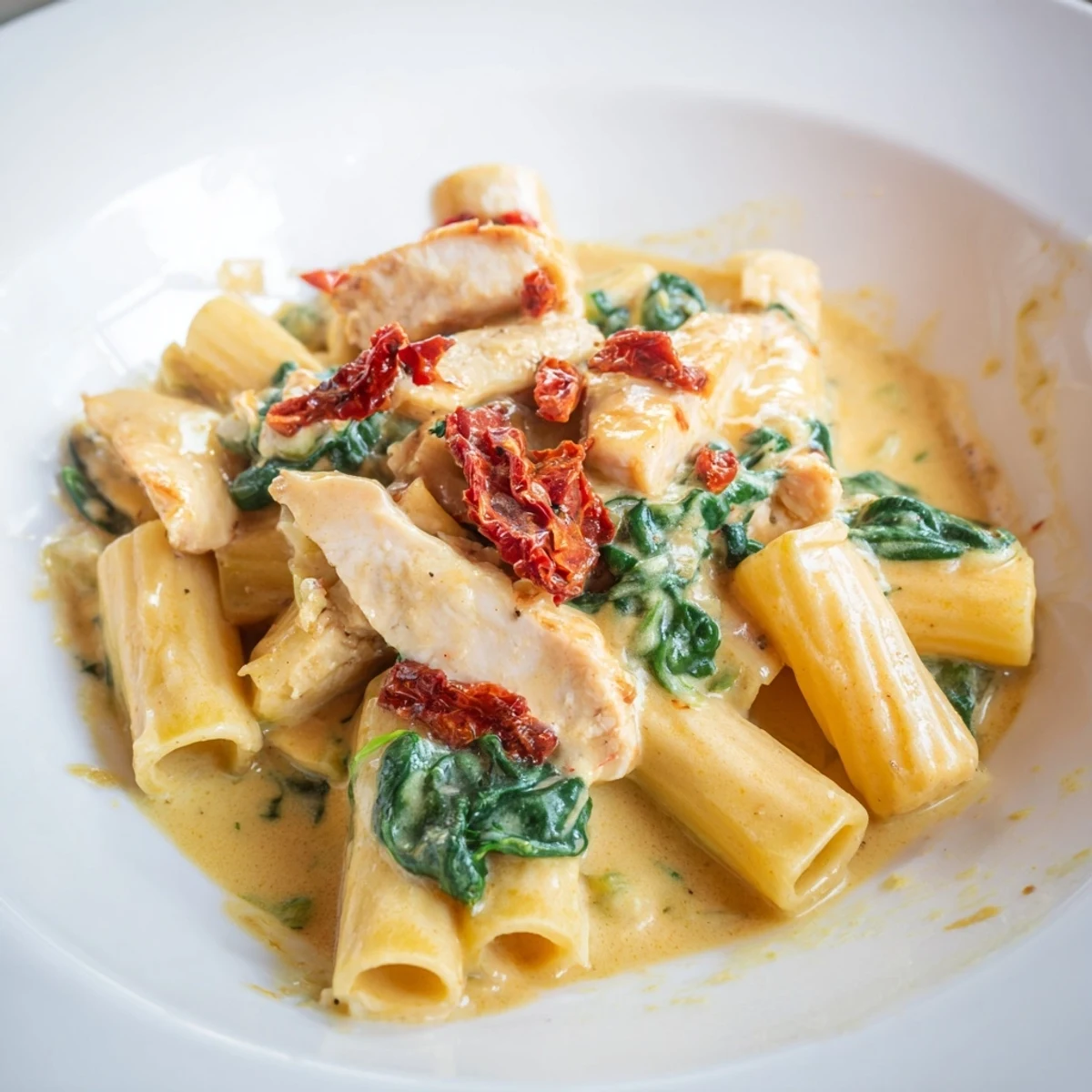 Creamy Tuscan chicken pasta in a white sauce with sun-dried tomatoes and spinach  