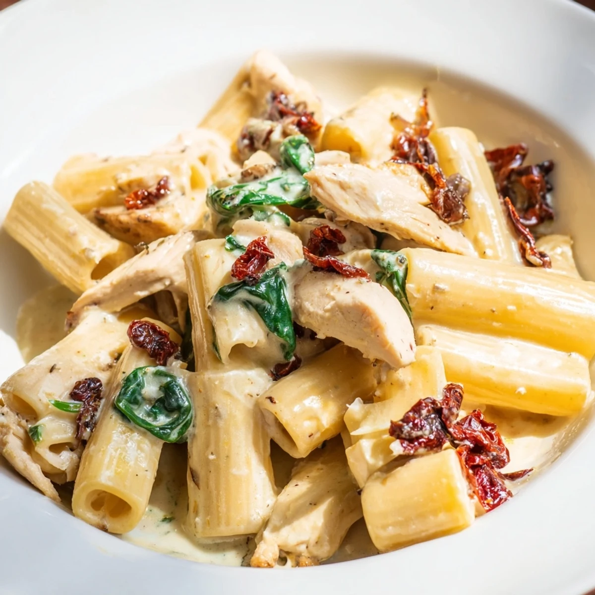 Savory Tuscan chicken pasta with wilted spinach and Parmesan in a garlic cream sauce