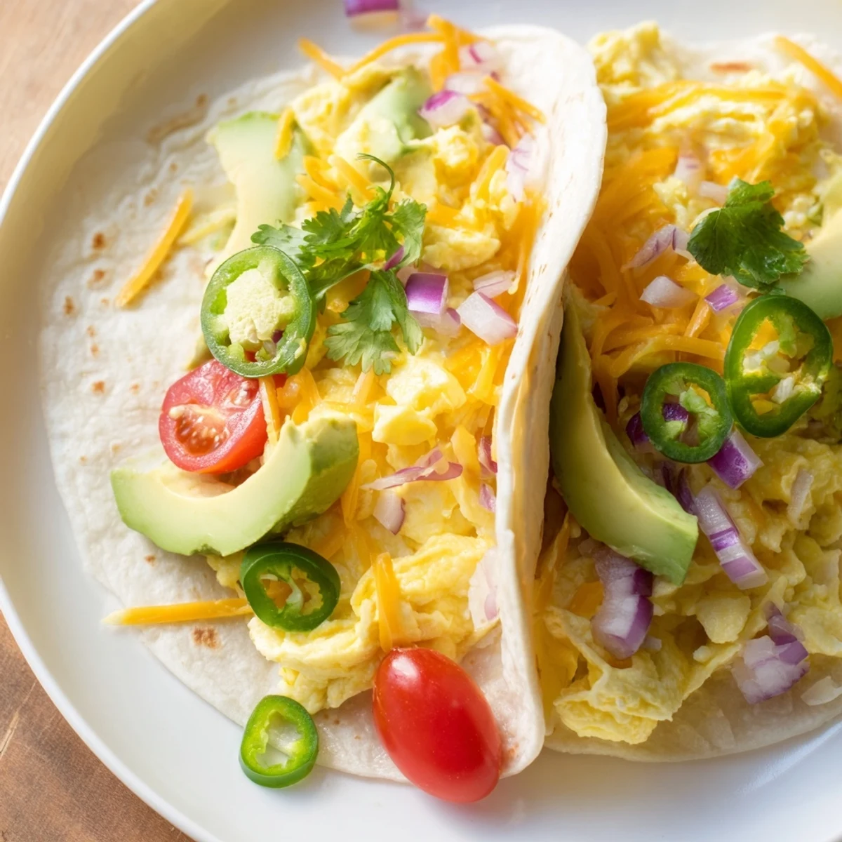 Golden scrambled eggs topped with cheese in this Breakfast Tacos Recipe.  