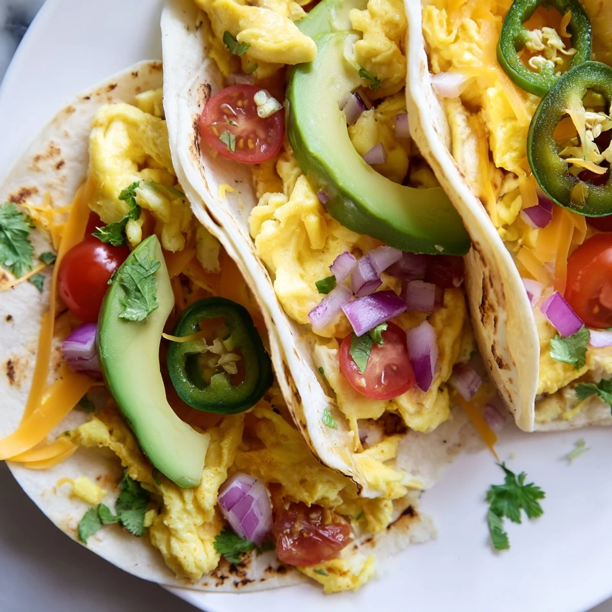 Fluffy eggs and fresh veggies fill this tasty Breakfast Tacos Recipe.  