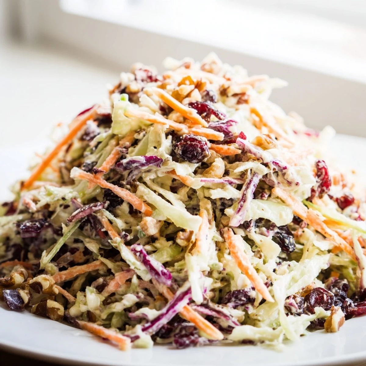 Colorful bowl of Cranberry Apple Coleslaw topped with crunchy walnuts and tart cranberries.  