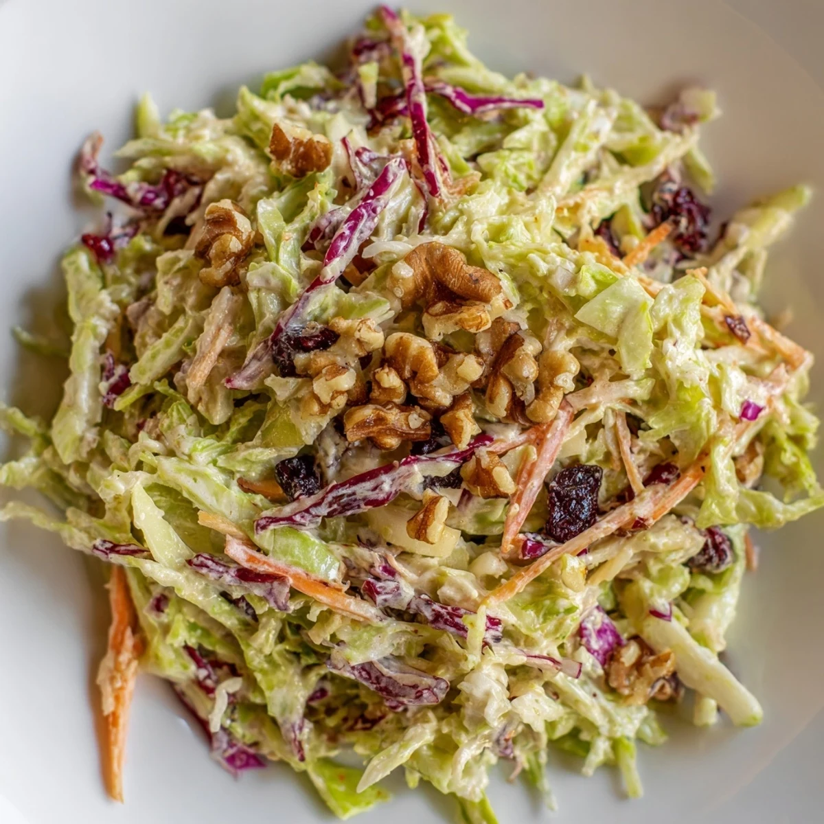 Refreshing Cranberry Apple Coleslaw served chilled, featuring vibrant shredded vegetables and dried fruit.