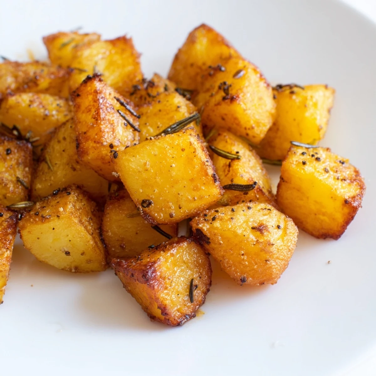 Golden, crispy roasted potatoes with a fluffy interior, seasoned with herbs.  