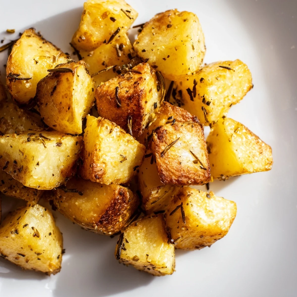 Perfectly roasted potatoes with a golden crust, garnished with fresh rosemary.