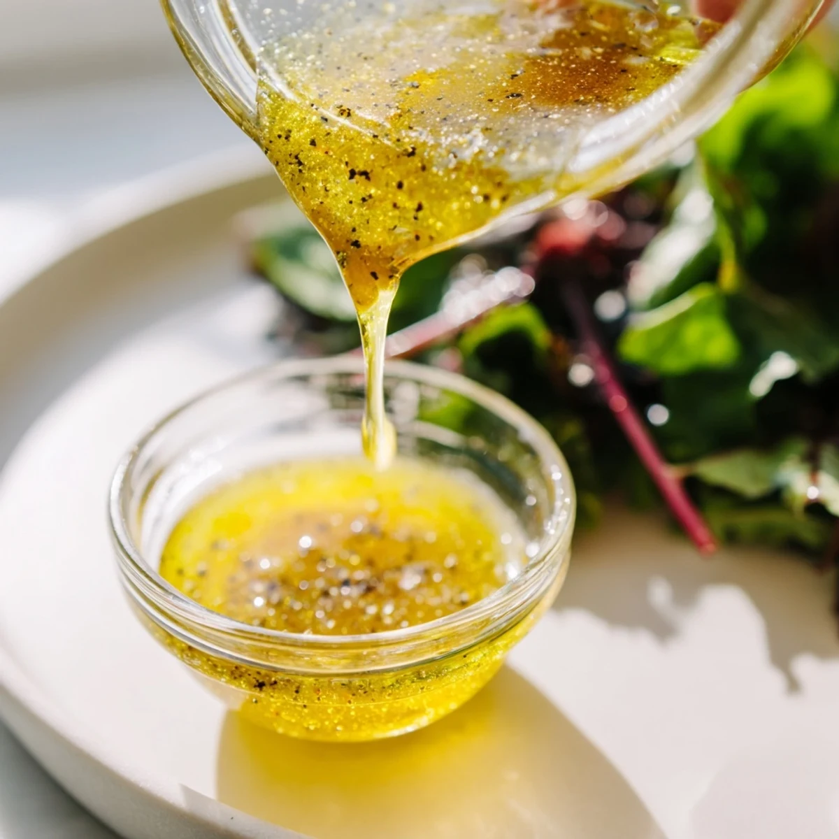 Golden honey vinaigrette drizzled over fresh mixed greens for a light salad.