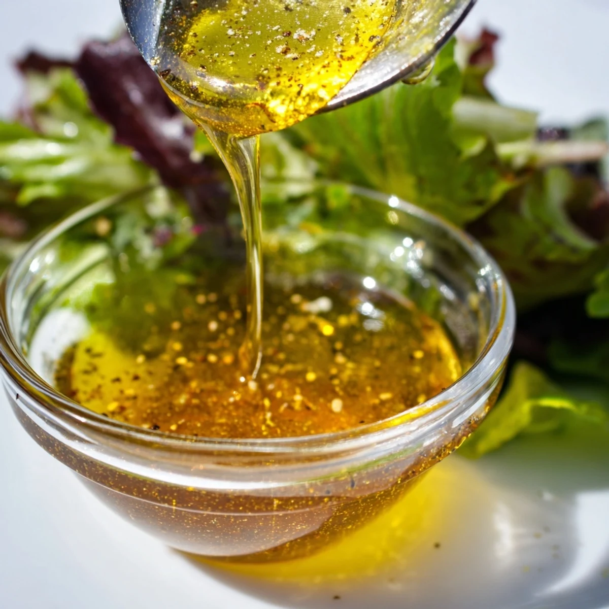 Creamy honey vinaigrette dressing in a glass jar with olive oil and honey.