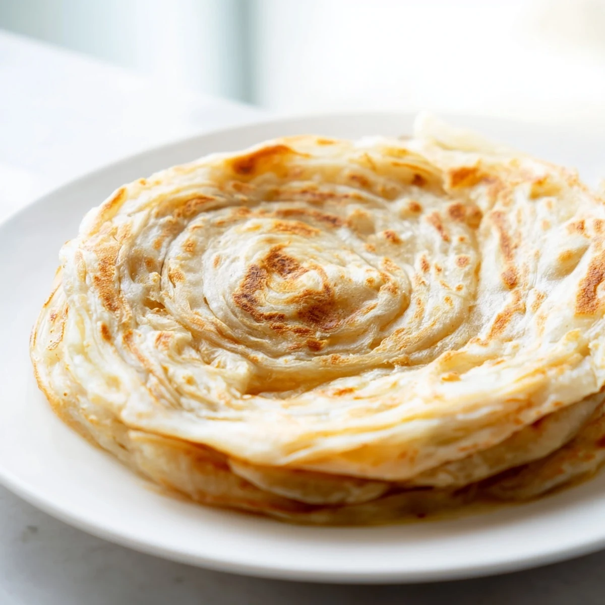 Golden flaky Roti Canai flatbread served with savory curry on a plate.  