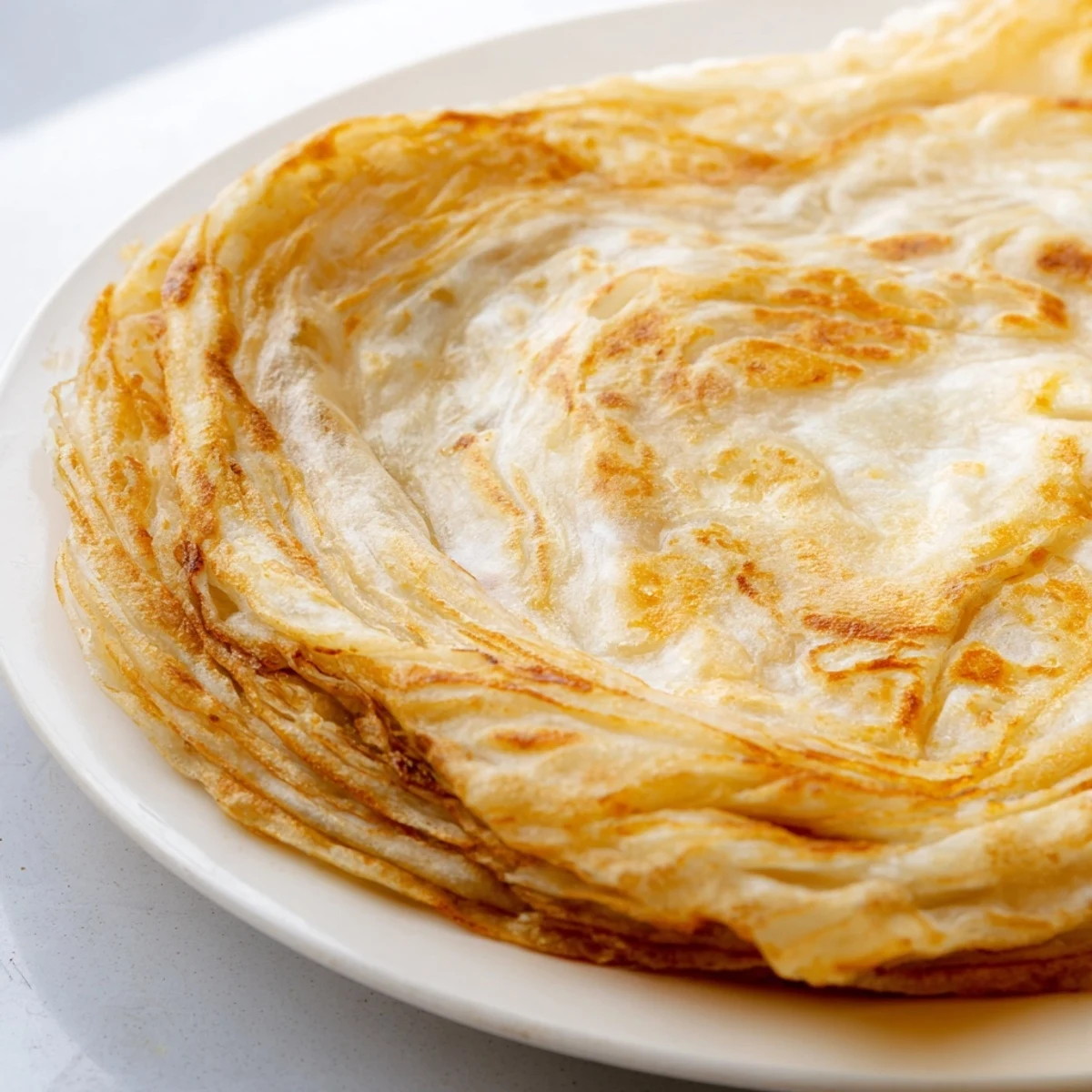 Hand-stretched Roti Canai bread folded into golden coils ready for breakfast.