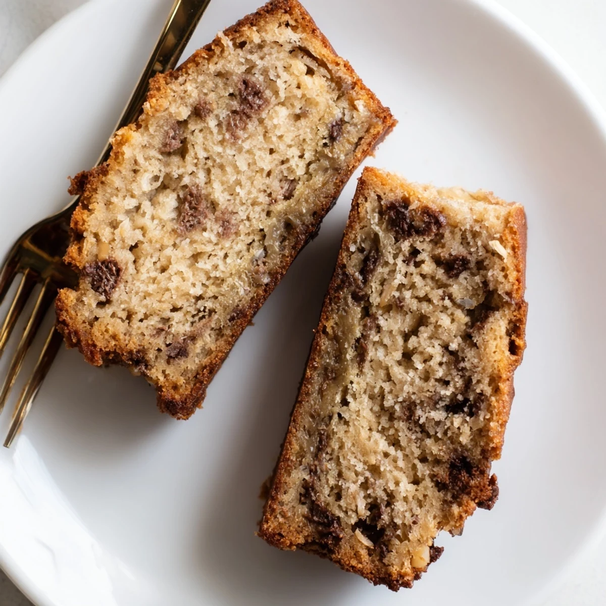 Golden slice of one bowl banana bread studded with rich chocolate chips  