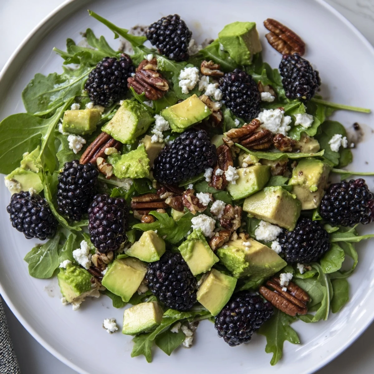 Vibrant blackberry avocado salad topped with crunchy pecans and zesty honey-lime dressing.  