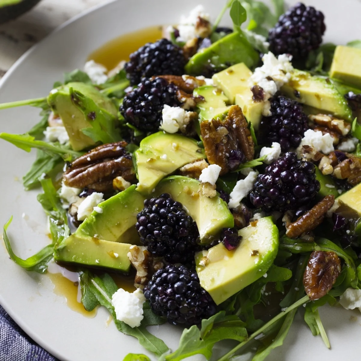 Bowl of blackberry avocado salad with peppery arugula, red onion, and crumbled cheese.
