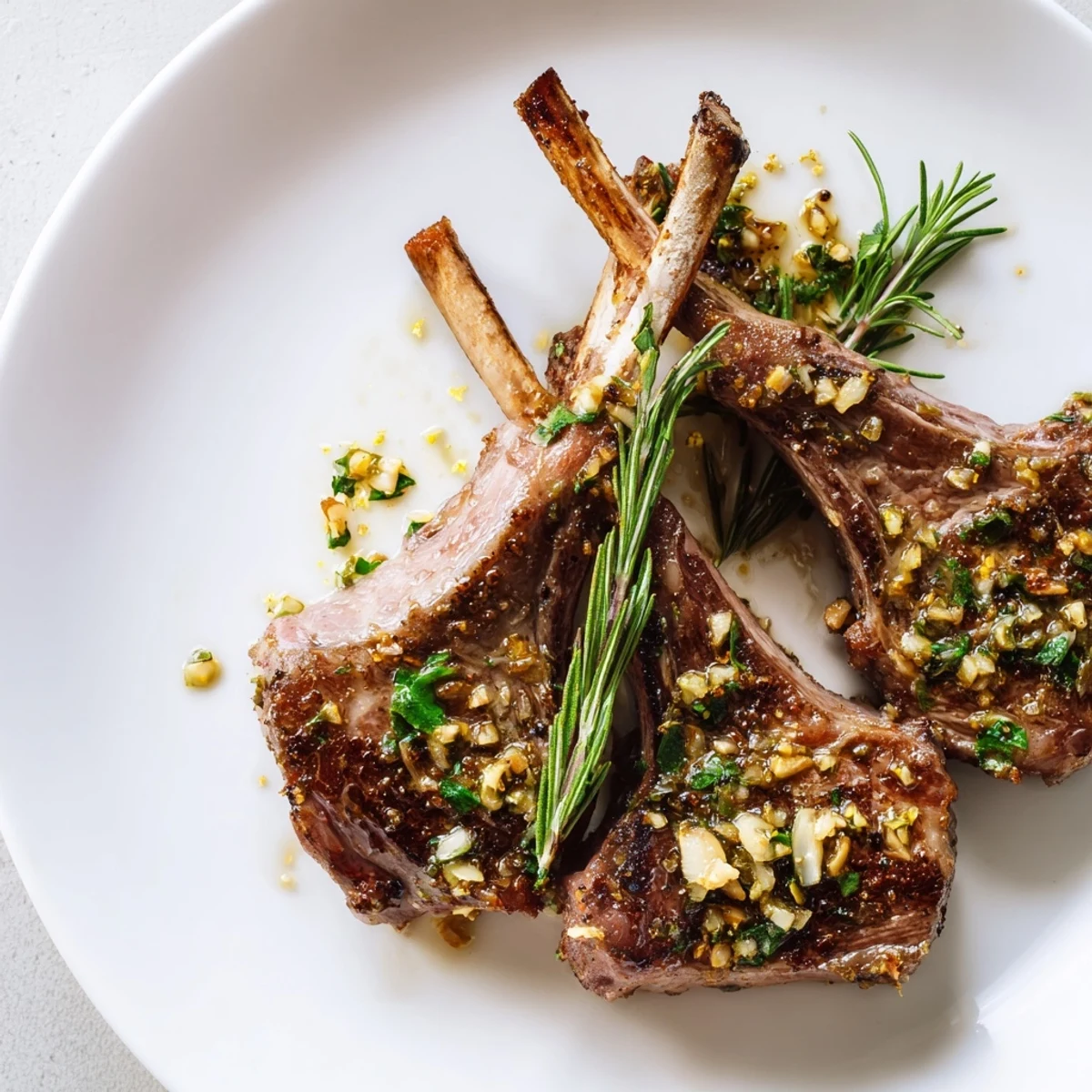 Golden pan-seared herb garlic lamb chops served with fresh lemon wedges  