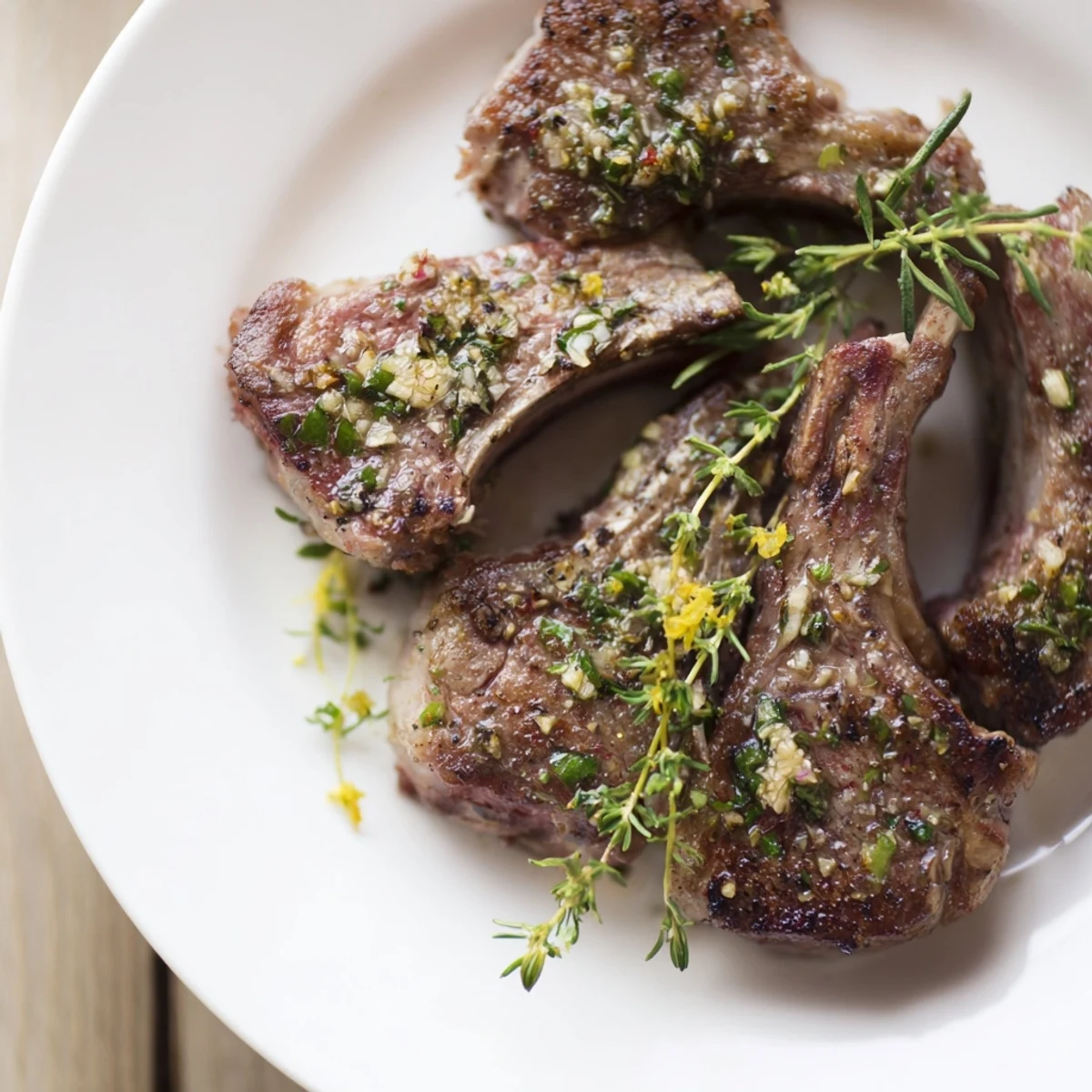 Delicious Mediterranean herb garlic lamb chops on a white plate garnished