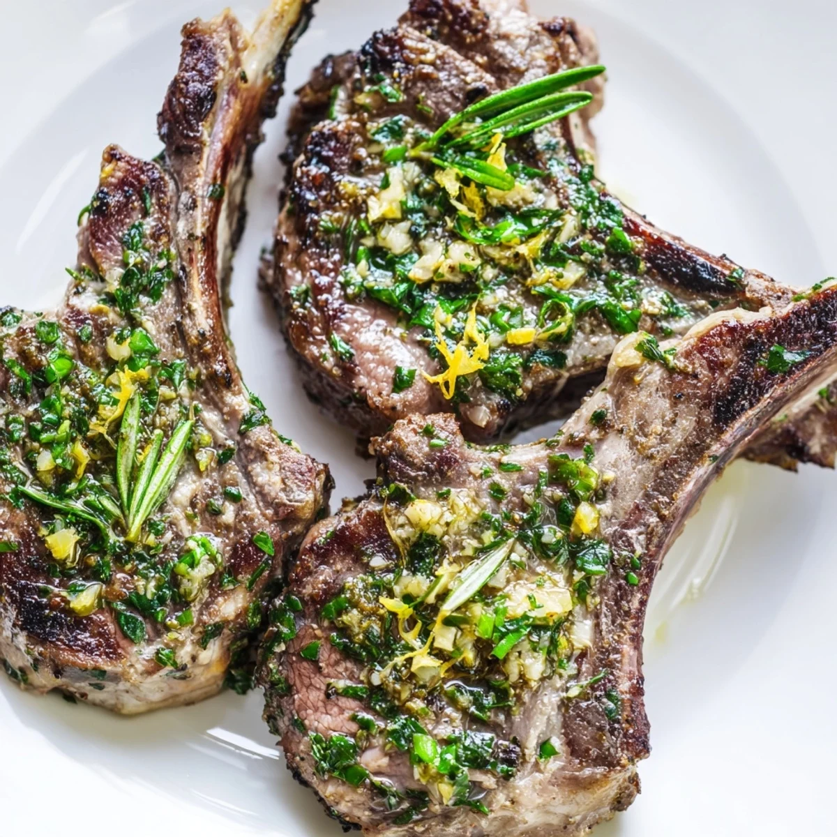 Juicy lamb chops marinated in garlic and herbs seared to perfection  