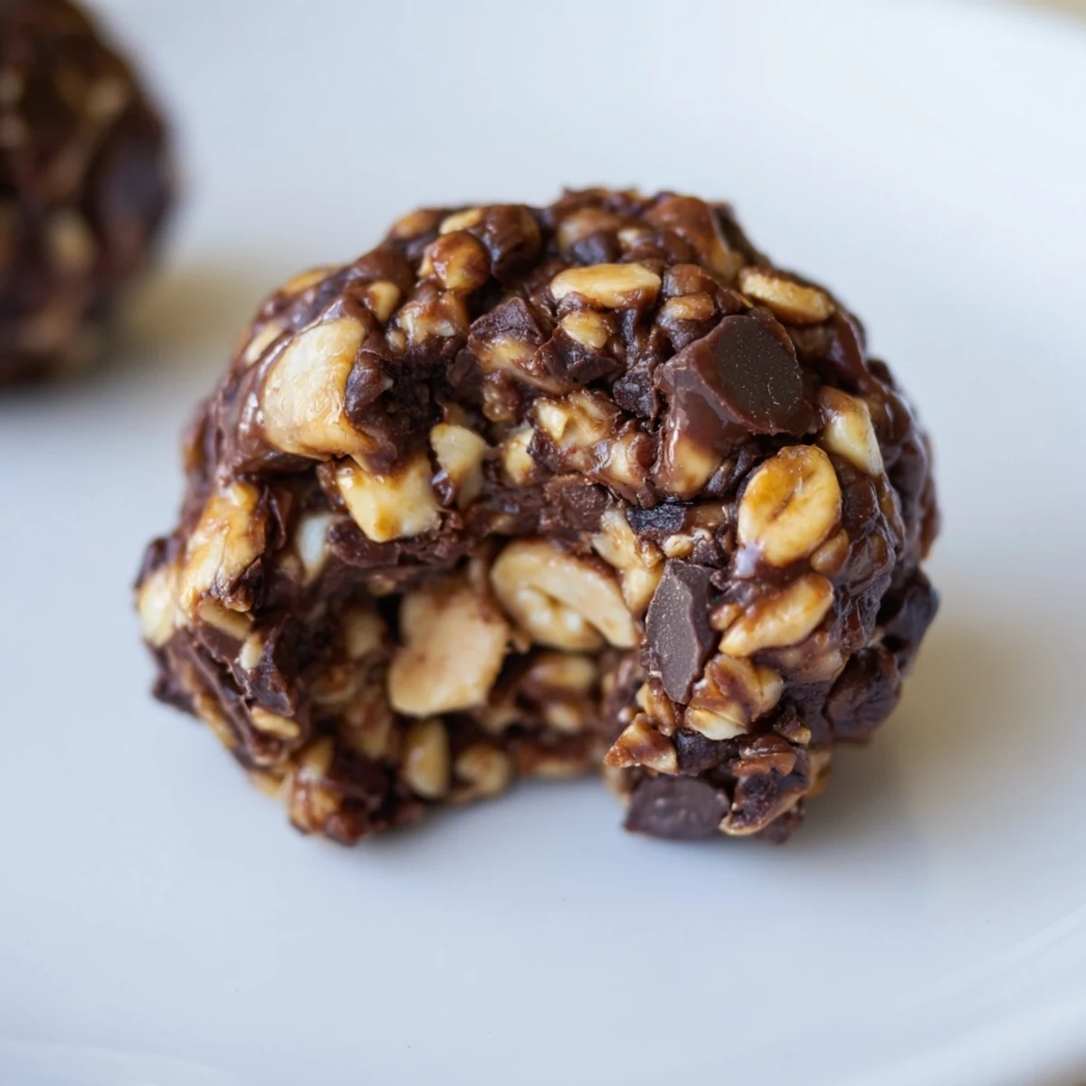 No-bake Snickers energy balls topped with dark chocolate chips and sea salt.  