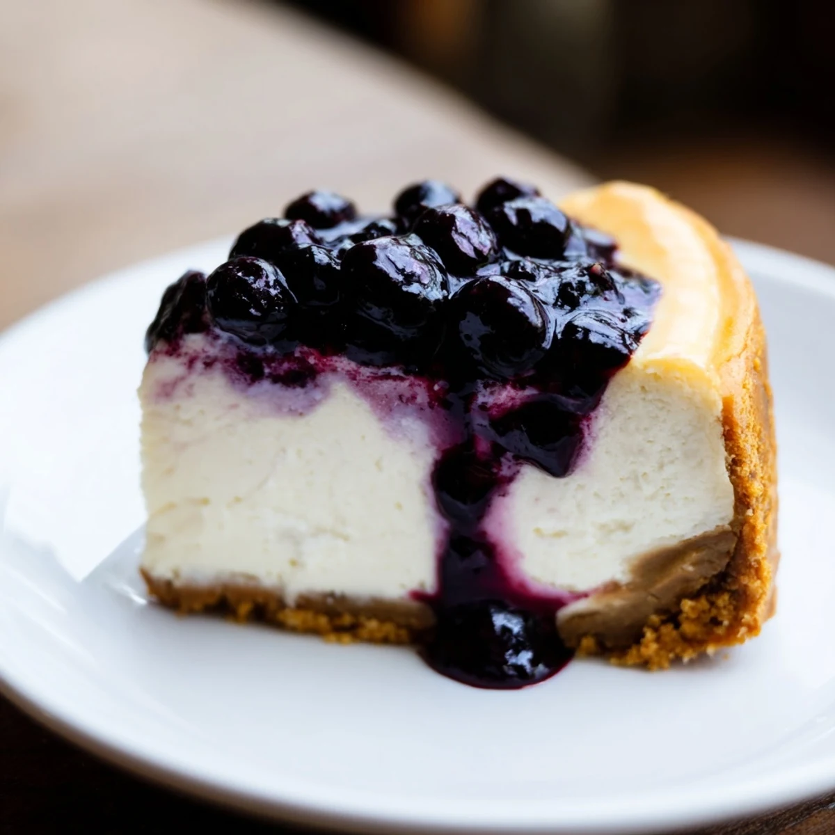 Creamy blueberry cheesecake recipe topped with sweet blueberry compote on a graham cracker crust.  