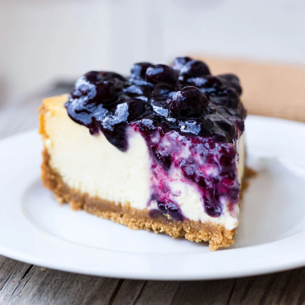 Delicious blueberry cheesecake recipe served with fresh blueberries and whipped cream.