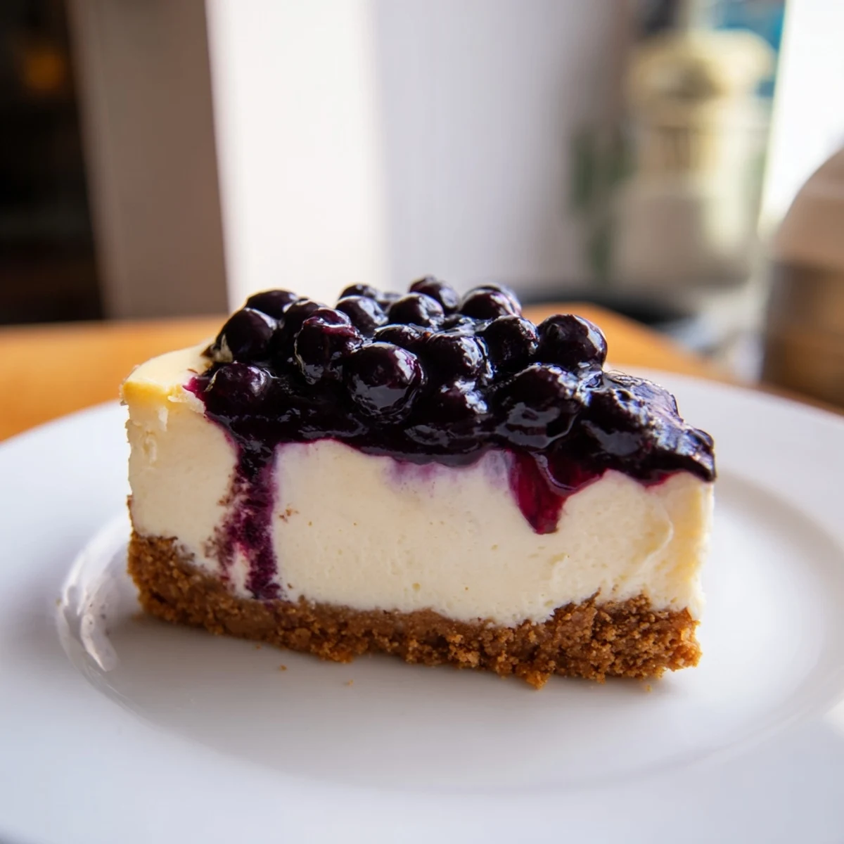 Slice of blueberry cheesecake recipe showing smooth filling and tangy blueberry swirls.  