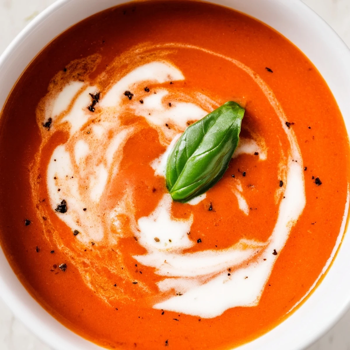 Velvety homemade roasted tomato basil soup garnished with fresh basil leaves