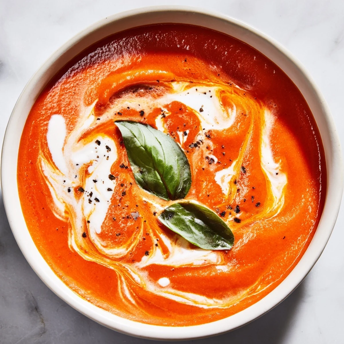 Steamy bowl of creamy roasted tomato basil soup served with crusty bread