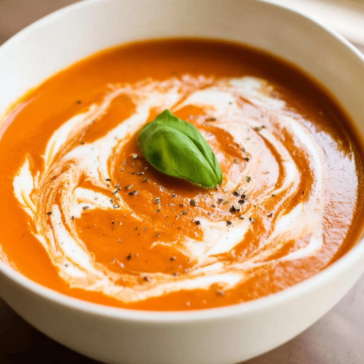 Rich roasted tomato basil soup recipe swirled with heavy cream and herbs